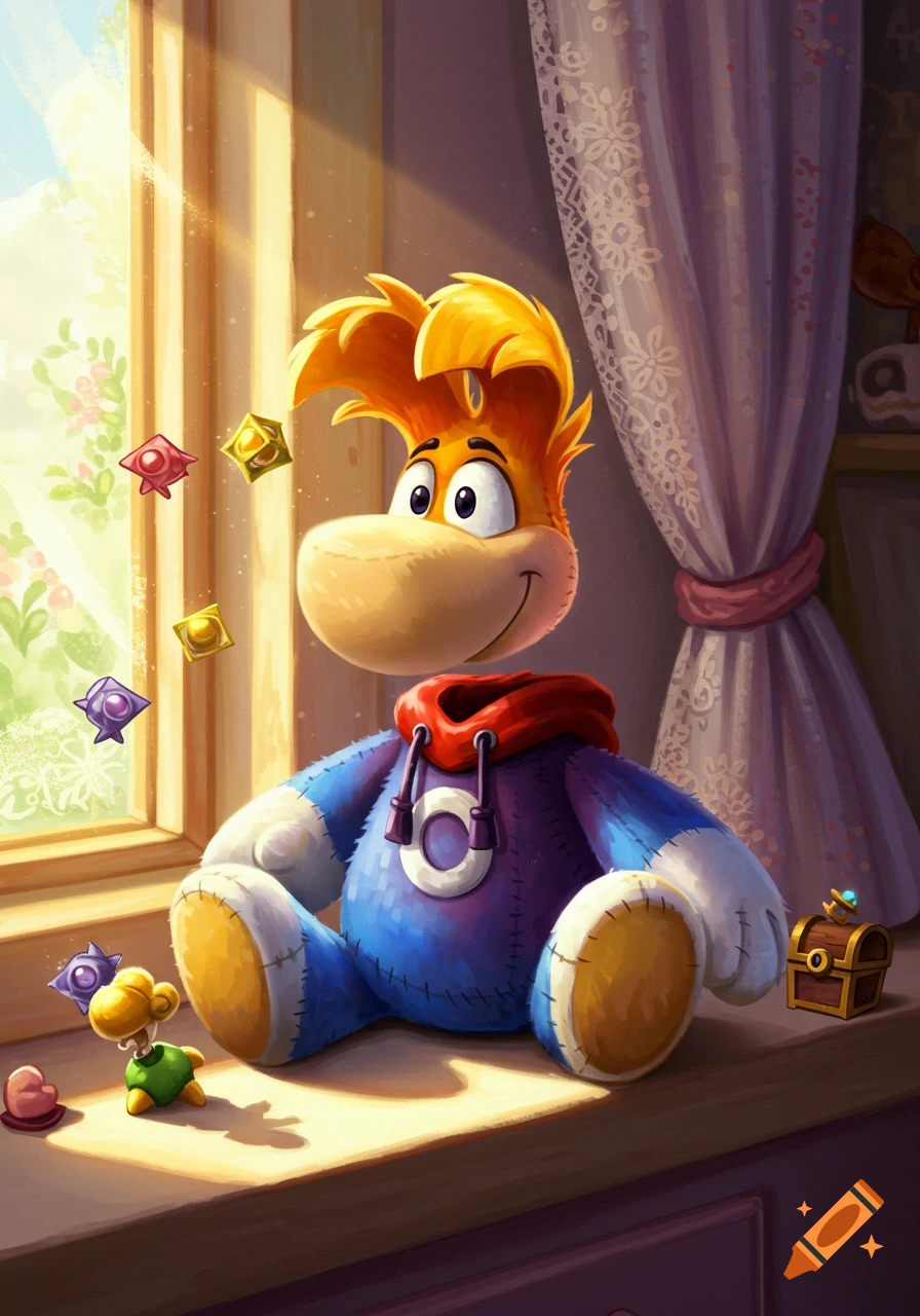 A cute plush toy of Rayman, a video game character, sits on a window sill with light streaming in, surrounded by colorful floating lums and small treasures.
