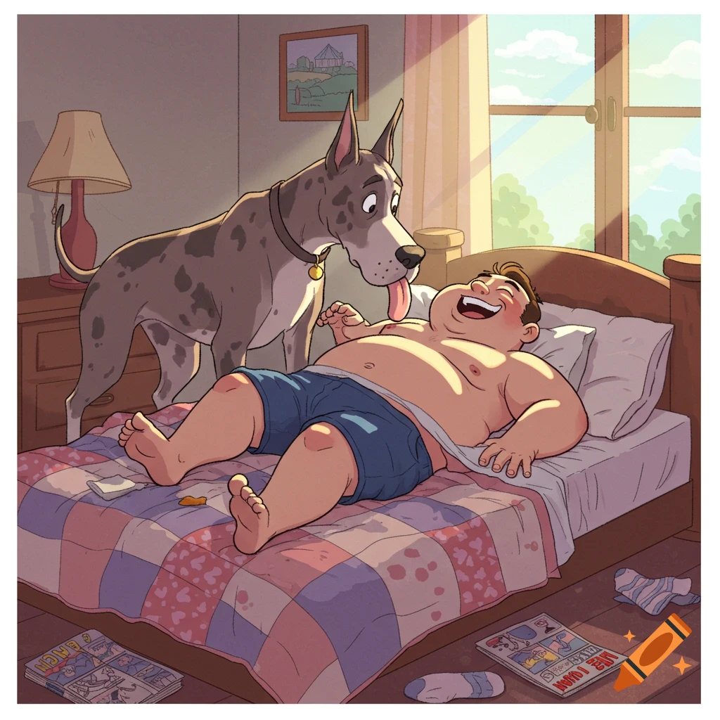 A cartoon of a chubby man laughing in bed as his Great Dane licks his face to wake him up.