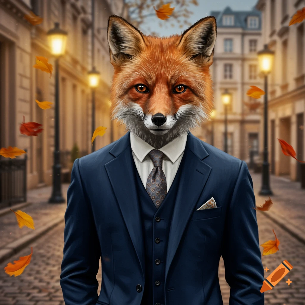 A photorealistic anthropomorphic fox in a dark blue suit stands on a cobblestone street with autumn leaves falling and Parisian buildings in the background.