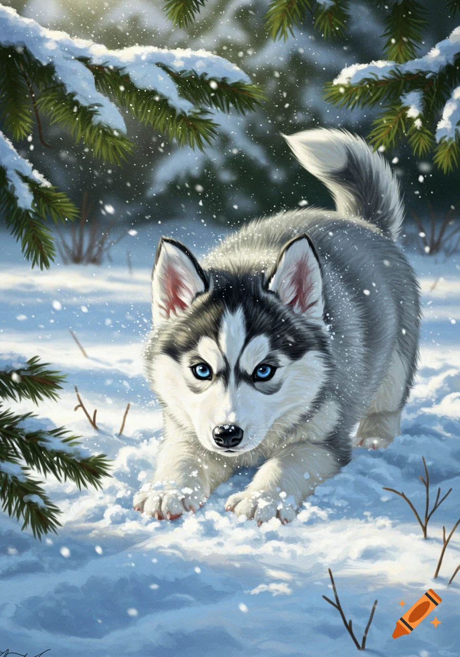 A fluffy husky puppy with blue eyes crouches in a snowy forest under pine branches with snowflakes falling, digital painting.