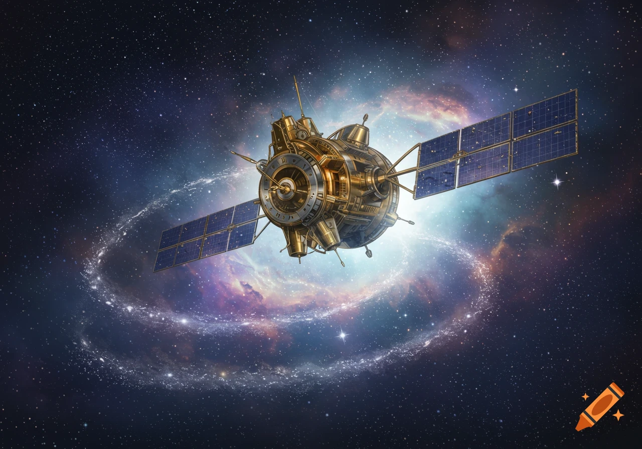 A detailed, golden clockwork satellite orbits in deep space, with a vibrant swirling galaxy behind it.