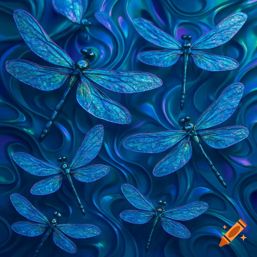 A vibrant pattern of iridescent blue and teal dragonflies on a swirling blue and green background.