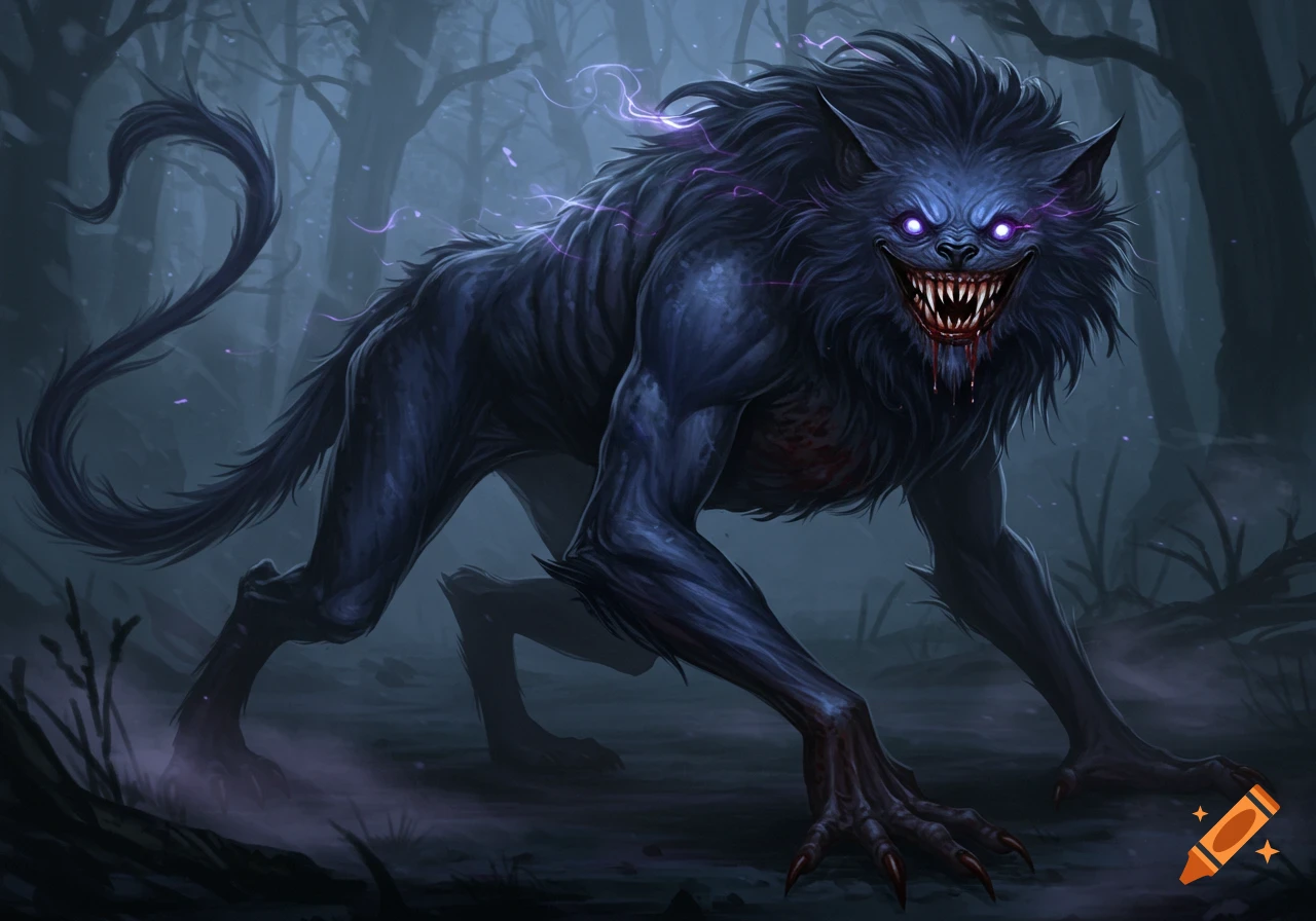 A scary, dark purple, furry monster with glowing eyes, wide blood-stained teeth, and sharp claws crouches in a dark, misty forest.