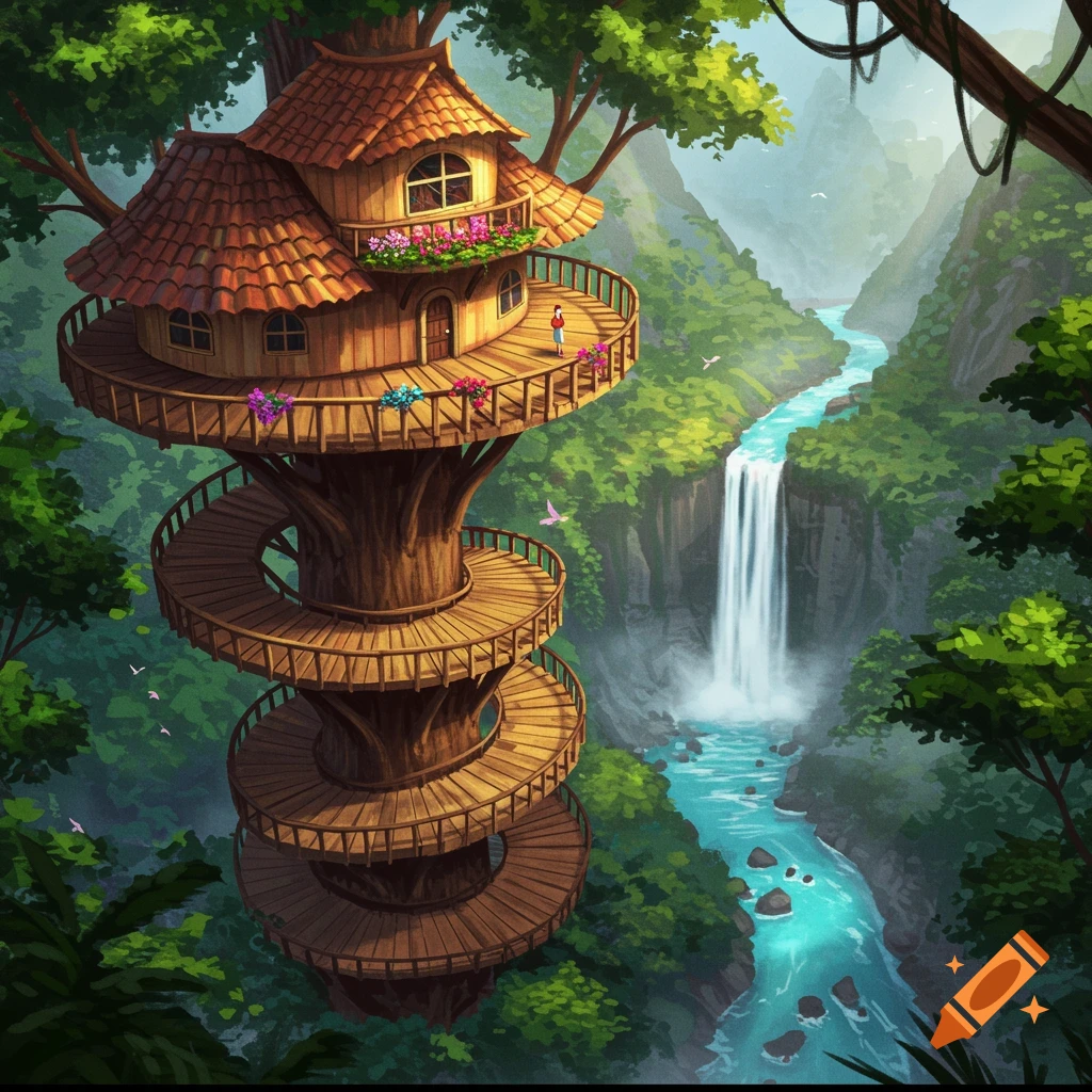 A whimsical treehouse built into a large tree, featuring balconies with flowers and a long spiral staircase, overlooking a lush rainforest valley with a tall waterfall and winding river.