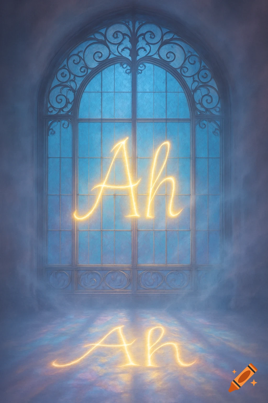 A glowing yellow 'Ah' in front of a large, ornate arched window with blue glass, reflecting on a misty, illuminated floor.