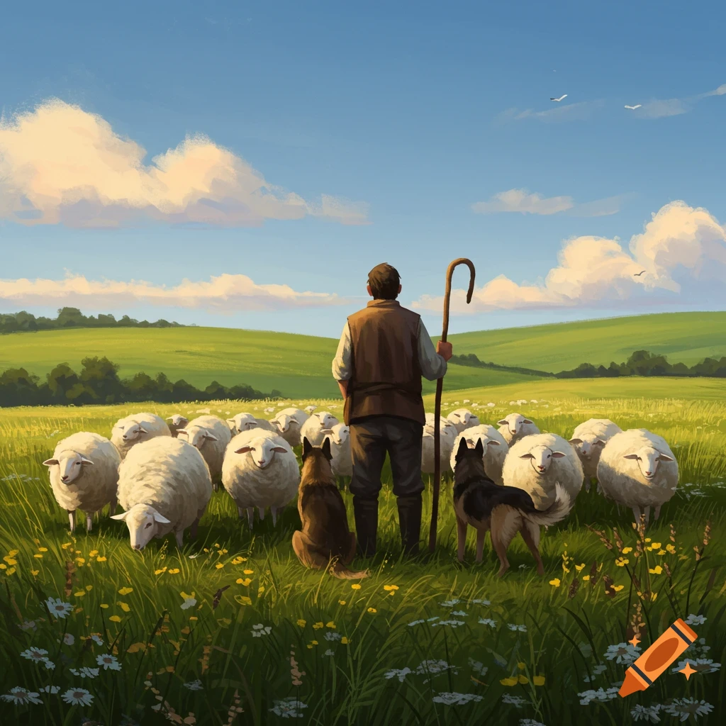 A shepherd stands with his two dogs, surrounded by a flock of sheep in a sunlit green field under a blue sky.