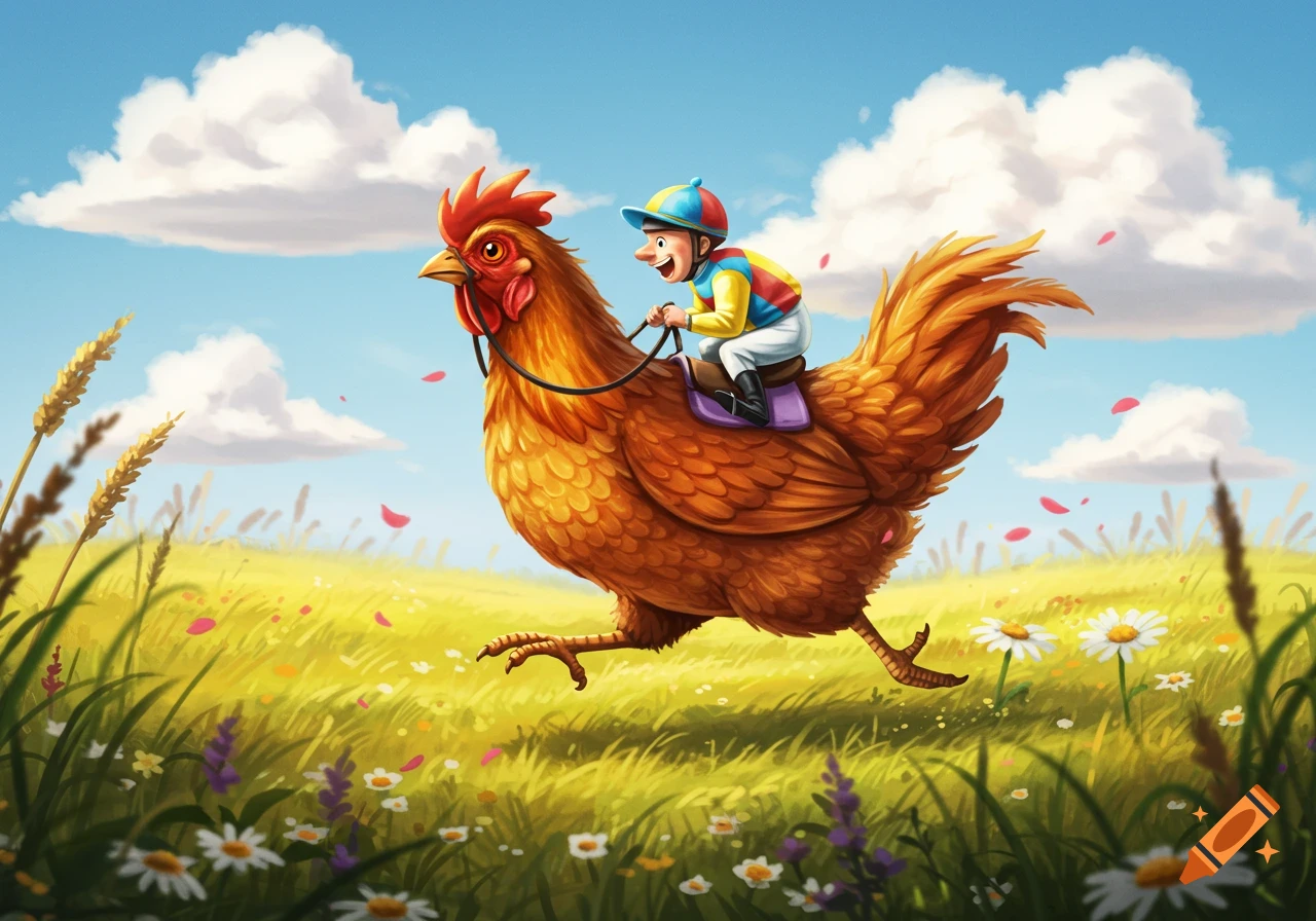 A cartoon jockey wearing a colorful helmet and silks rides a large brown chicken through a sunny, grassy field with wildflowers and clouds in the sky.