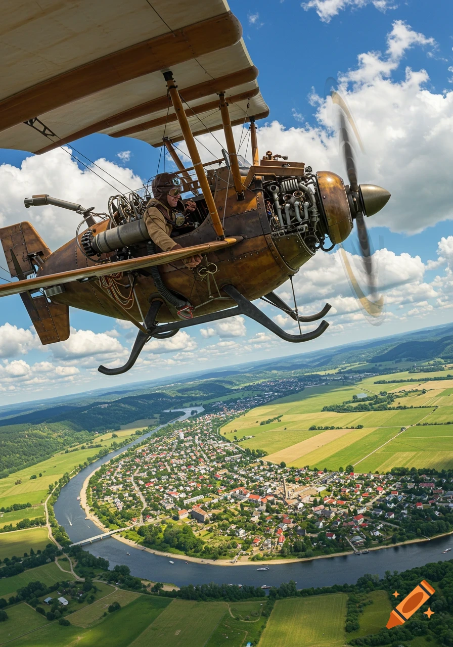 A detailed photorealistic image of a steampunk biplane with a pilot flying over a winding river and a small town under a blue sky with white clouds.