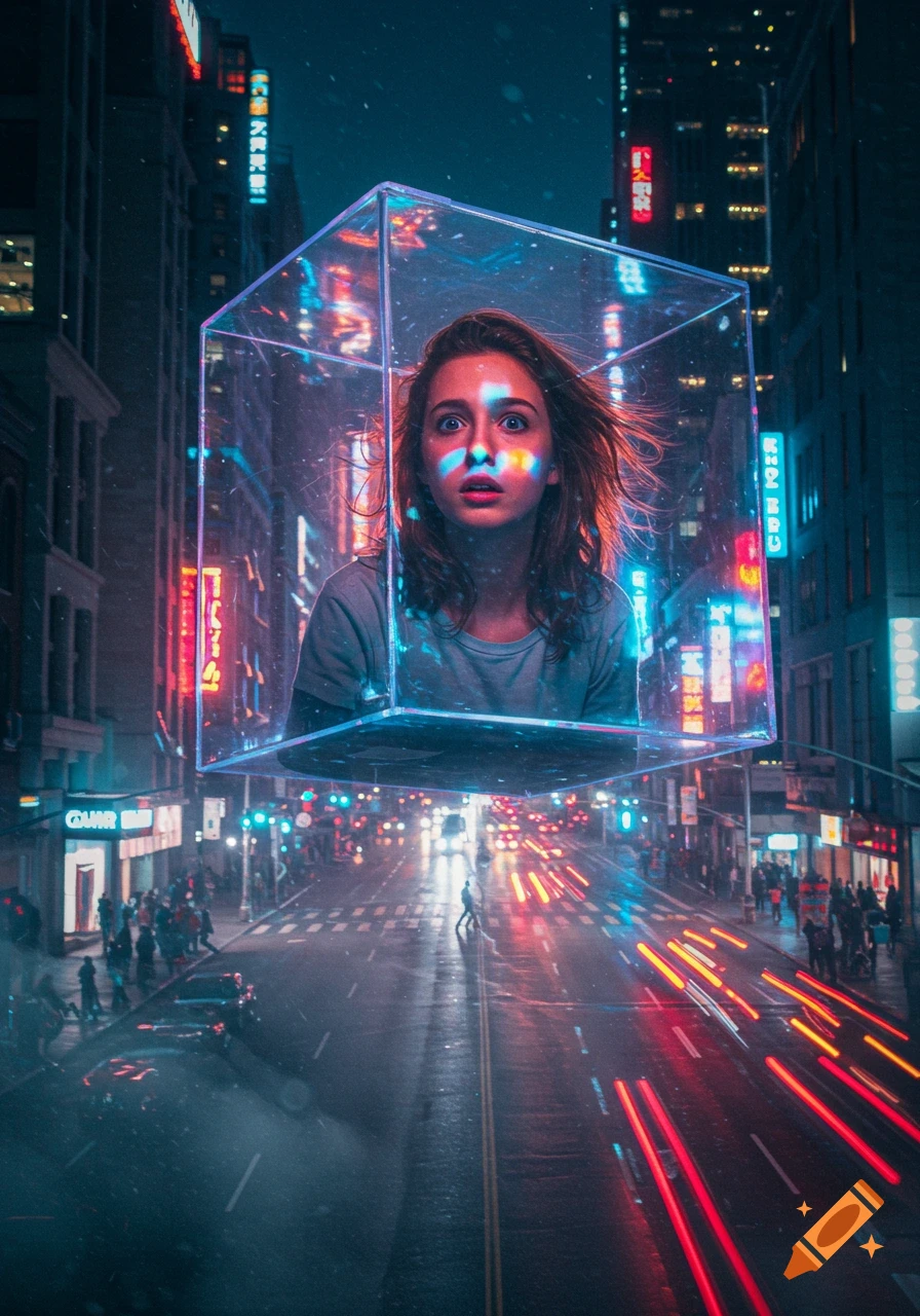 A wide-eyed woman is trapped inside a transparent, glowing cube, floating above a busy city street at night with neon lights and streaking car lights.