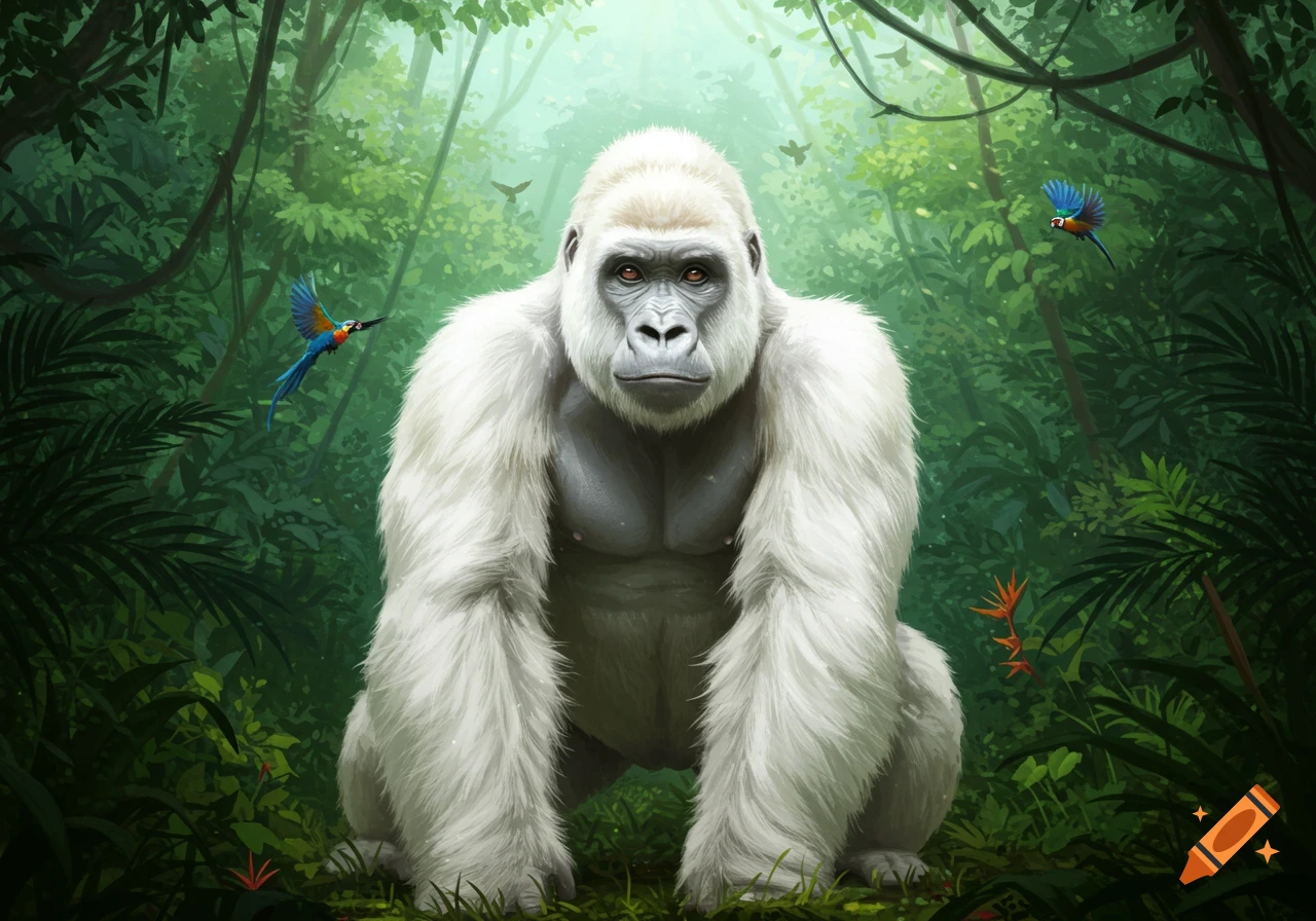An albino gorilla with white fur sits on all fours in a lush green jungle, with small colorful birds flying nearby.