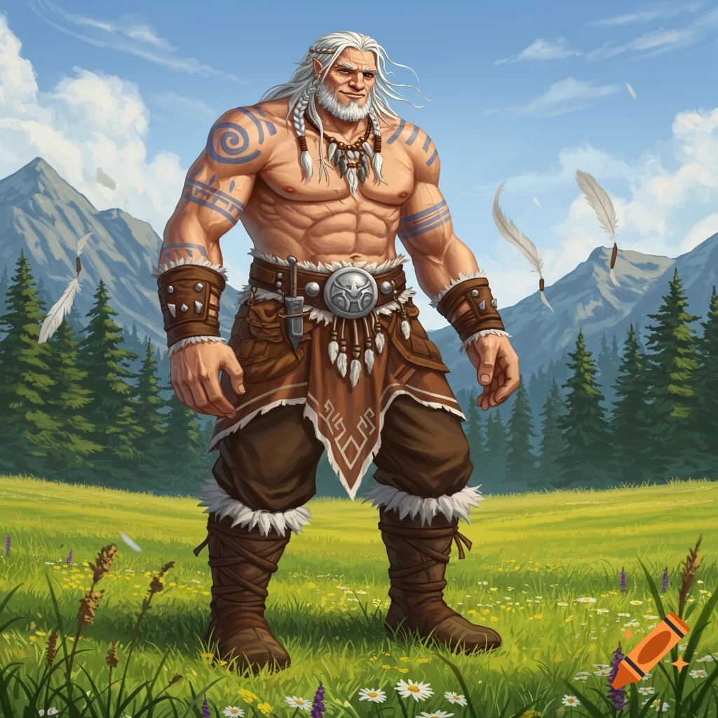 A powerful barbarian Goliath with white hair and tribal tattoos stands in a green mountain meadow under a blue sky.