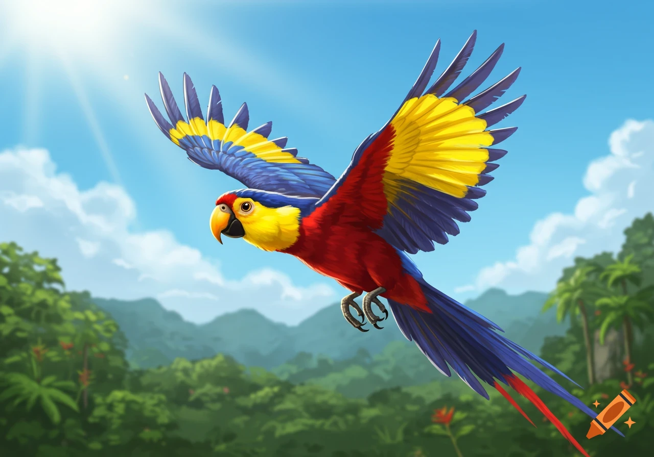 A vibrant cartoon parrot with red, blue, and yellow feathers flies through a sunny blue sky above a lush green jungle.