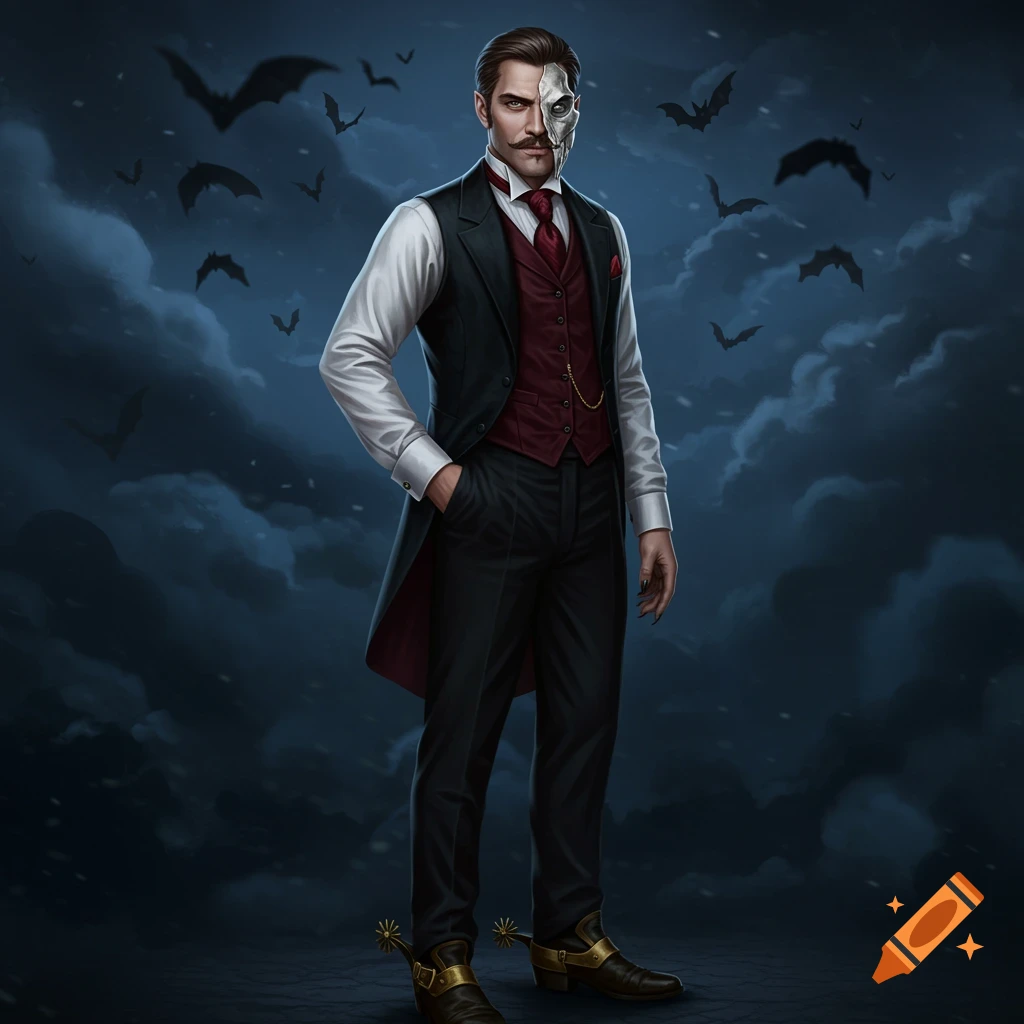 A formal man with a half-skull mask, mustache, and goatee stands against a dark, bat-filled sky. He wears a black suit, red vest, white shirt, and golden spurs.