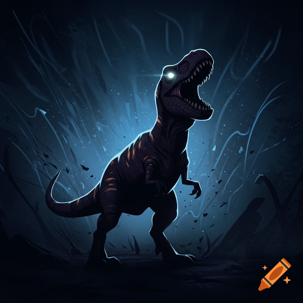 A dark, energetic cartoon silhouette of a T-Rex roaring with glowing eyes against a stormy blue background.