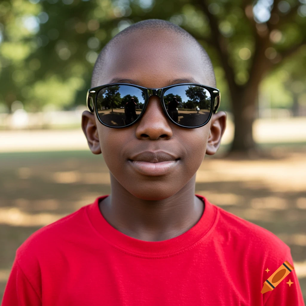 Close-up photorealistic portrait of a young Black boy with a bald head, wearing black sunglasses and a red shirt.
