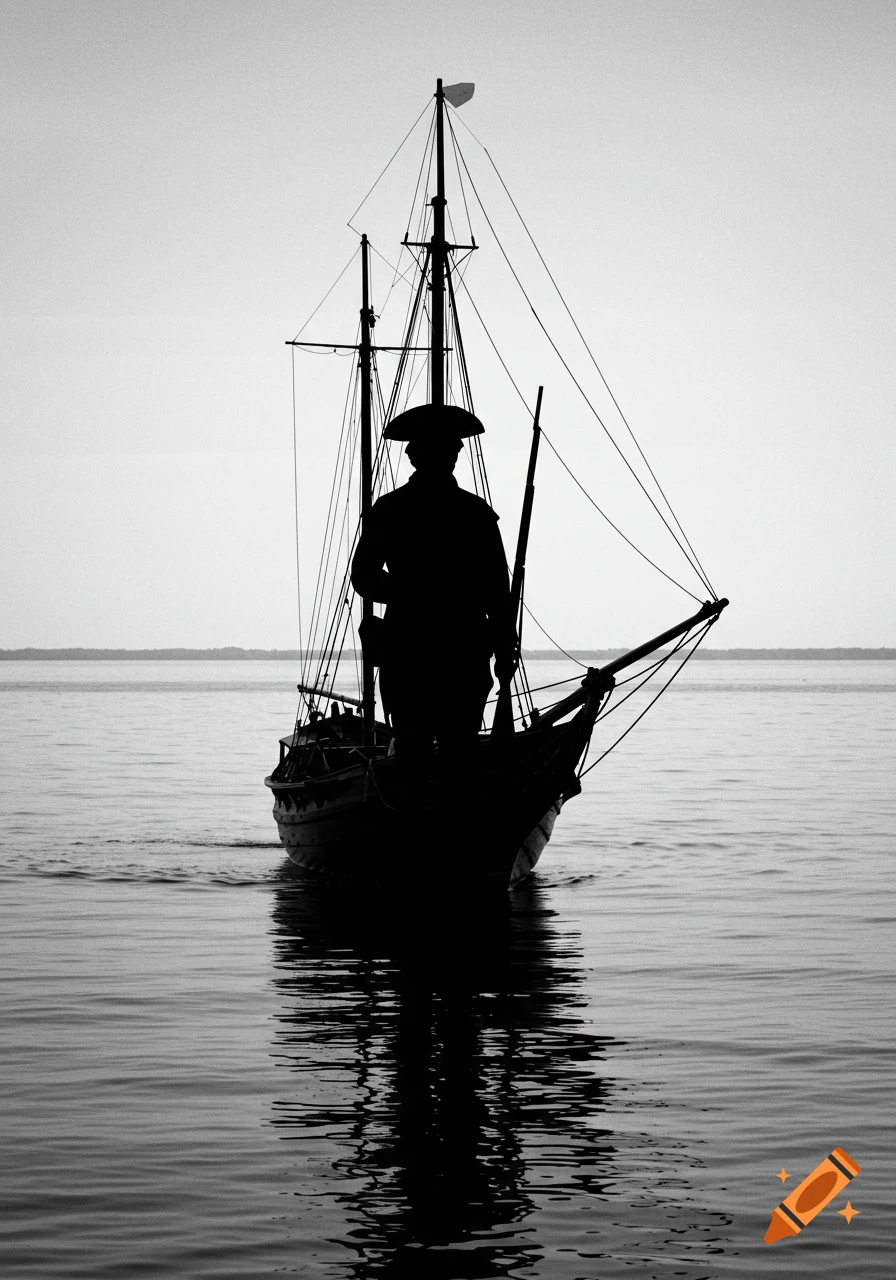 A black and white silhouette of a person in a hat standing on a boat with masts on calm water.