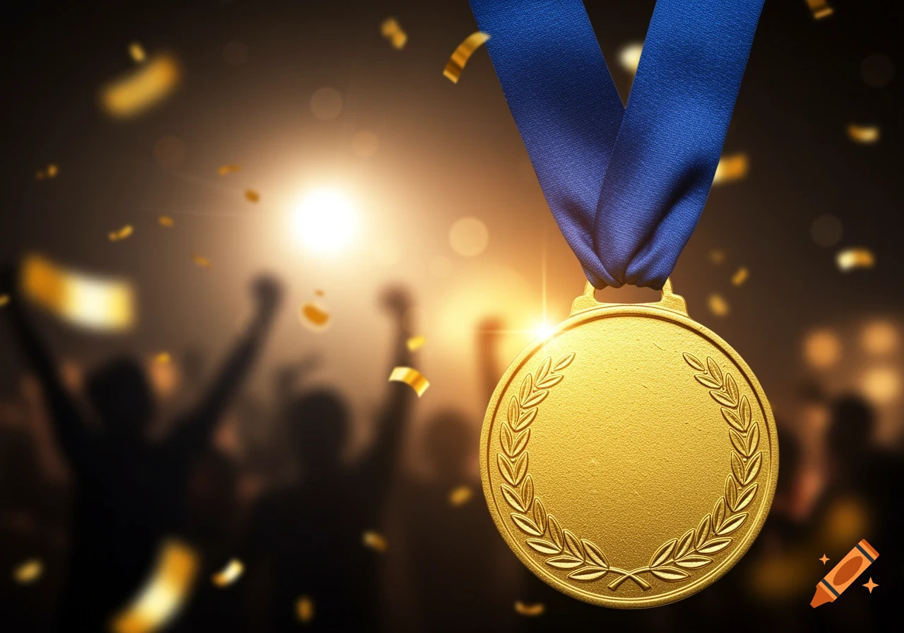A close-up of a shiny gold medal with a blue ribbon, with confetti falling and a blurred background of a cheering crowd and bright lights.