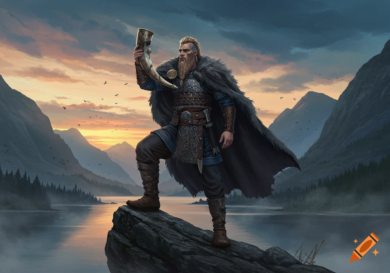 A Viking man stands on a rock, holding a drinking horn, overlooking a lake and mountains at sunset.