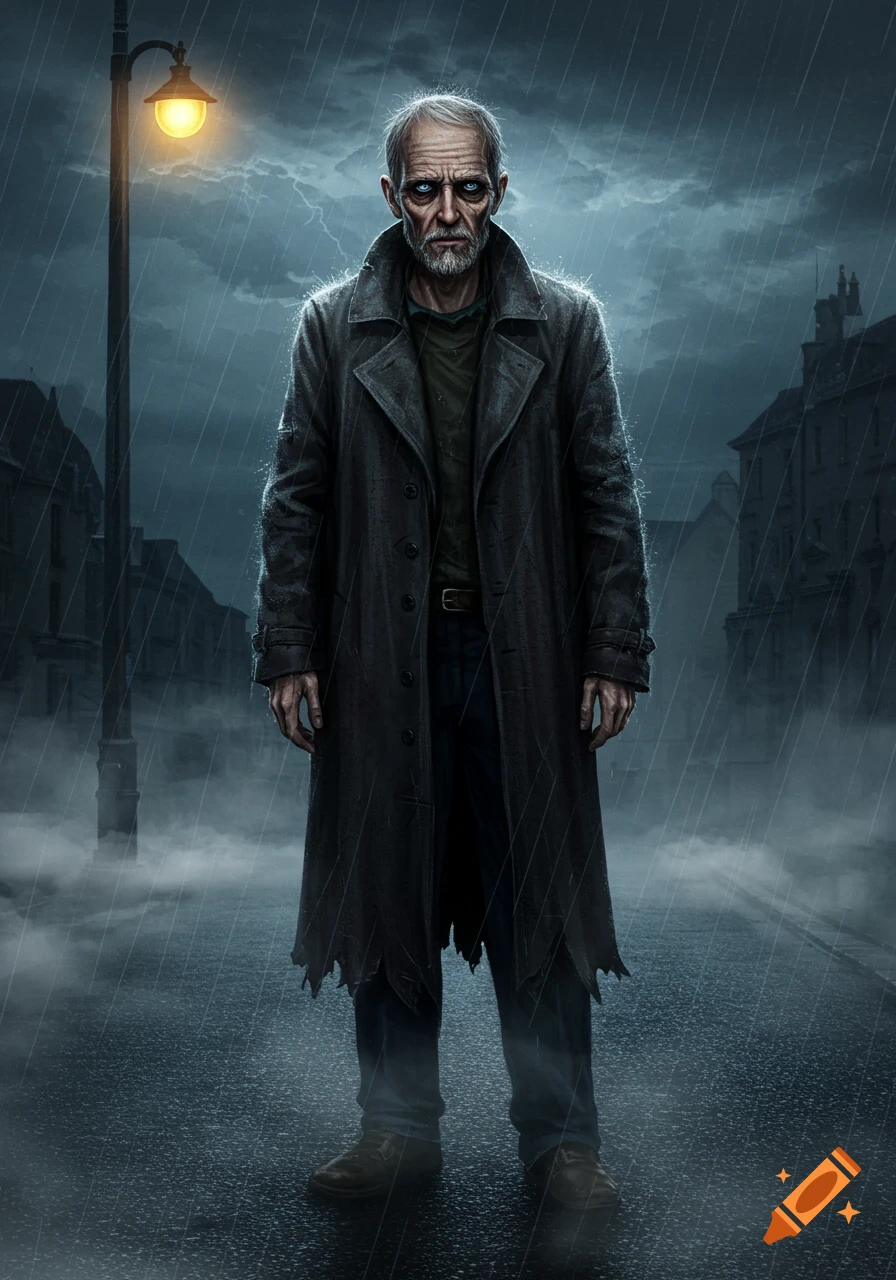 An old, gaunt man in a long trench coat stands in heavy rain under a streetlamp at night, with a stormy sky.
