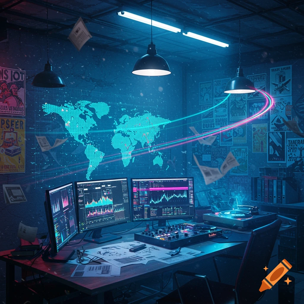 A dark, futuristic room with neon blue lights, multiple computer monitors displaying data, a world map hologram, and a DJ mixer.