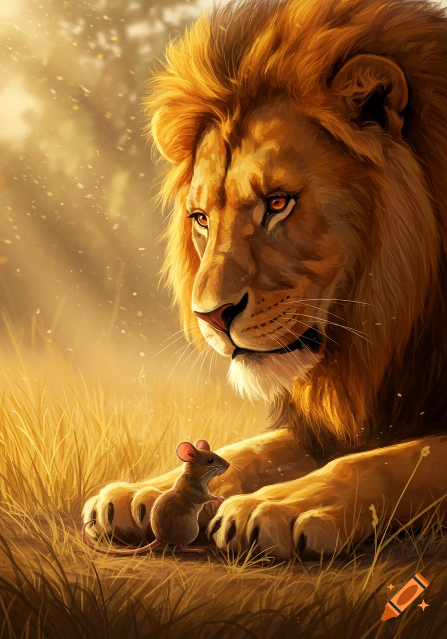 A large, majestic lion gazes down at a small mouse standing near its paw in a golden, sunlit field. Detailed illustration.