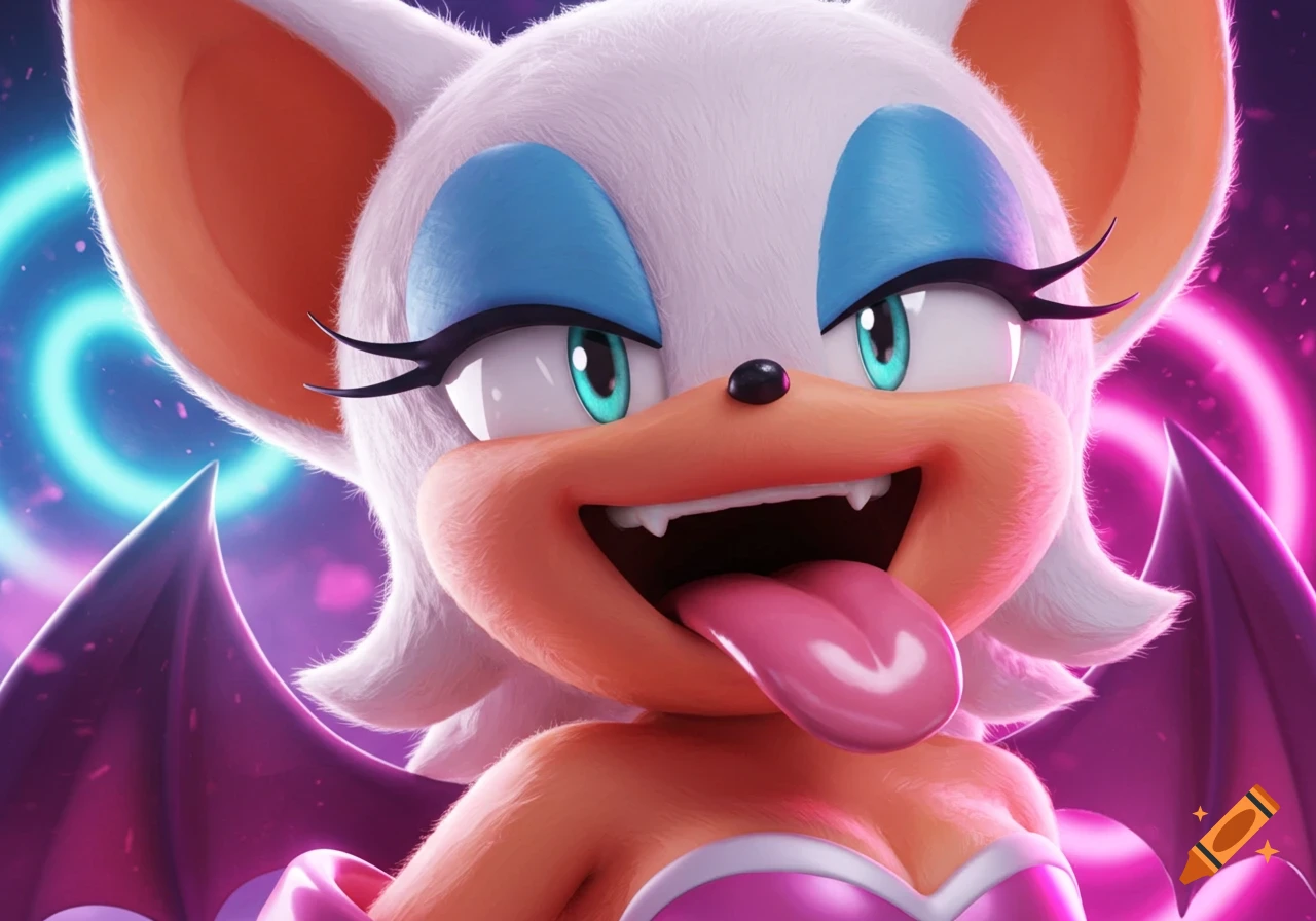 Close-up of Rouge the Bat with her mouth open and pink tongue out, against a neon pink and blue background in a digital art style.