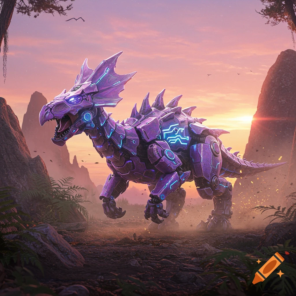 A detailed photorealistic image of a purple robotic Centrosaurus standing in a rocky landscape at sunset.