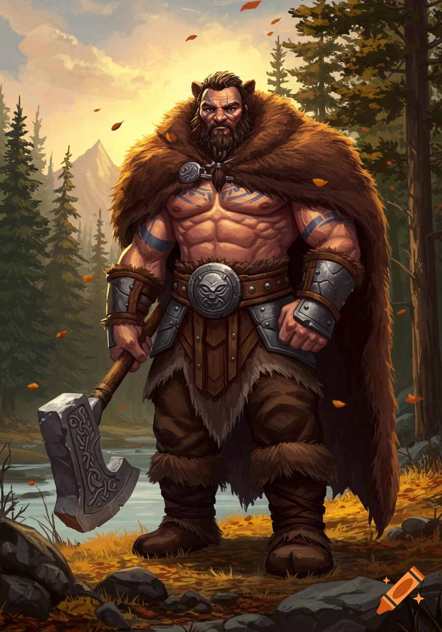 A powerful barbarian Goliath, clad in fur and armor, stands holding a large axe in a detailed fantasy forest landscape.