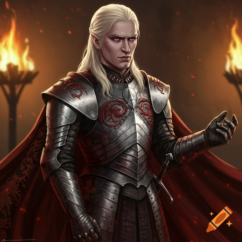 Portrait of a stern male fantasy warrior with long white hair and purple eyes, wearing intricate silver and red dragon armor with a red cape, in a torchlit hall.