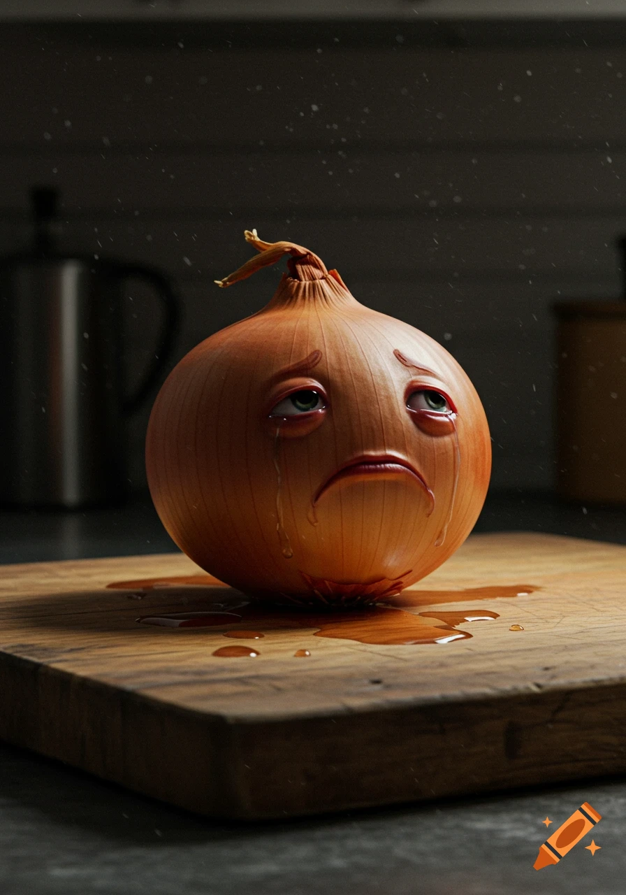 A hyperrealistic onion with sad human eyes and mouth, crying tears on a wooden cutting board in a kitchen.