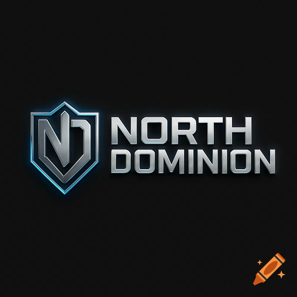 A modern, metallic silver logo for 'North Dominion' with a stylized shield and blue neon glows on a black background.