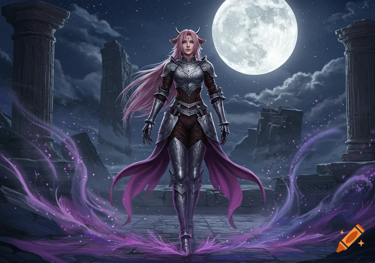 A pink-haired female fantasy warrior in full silver armor stands amidst ancient ruins under a full moon, with purple magical energy swirling around her feet.