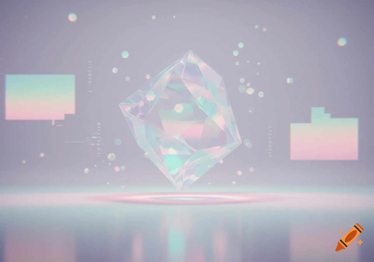 A floating iridescent crystal prism with pastel colors, surrounded by particles and abstract shapes, on a soft purple background.