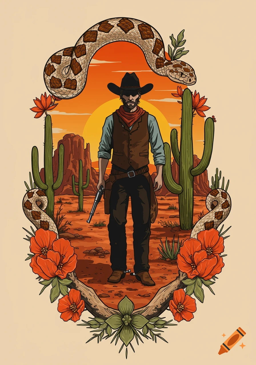 Illustrated cowboy in a desert sunset, framed by a snake, cacti, and flowers, holding a pistol.