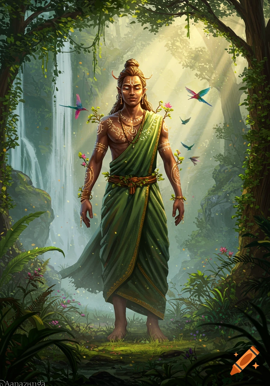 A vibrant illustration of a serene male deity in a lush jungle with a waterfall and sunlight. He wears green robes and intricate body paint.