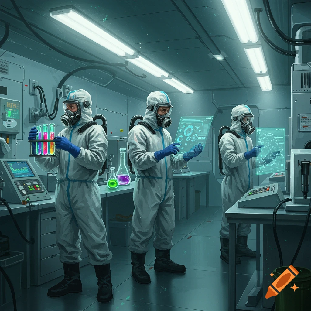 Three people in white hazmat suits work in a futuristic, blue-lit chemical laboratory with glowing screens and colorful beakers.
