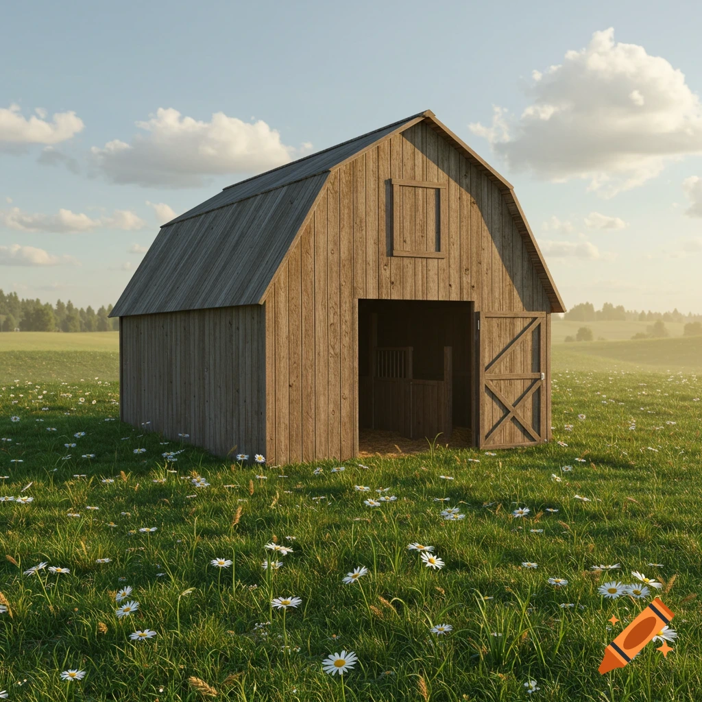 A photorealistic small wooden barn with an open door stands in a field of green grass and white daisies.