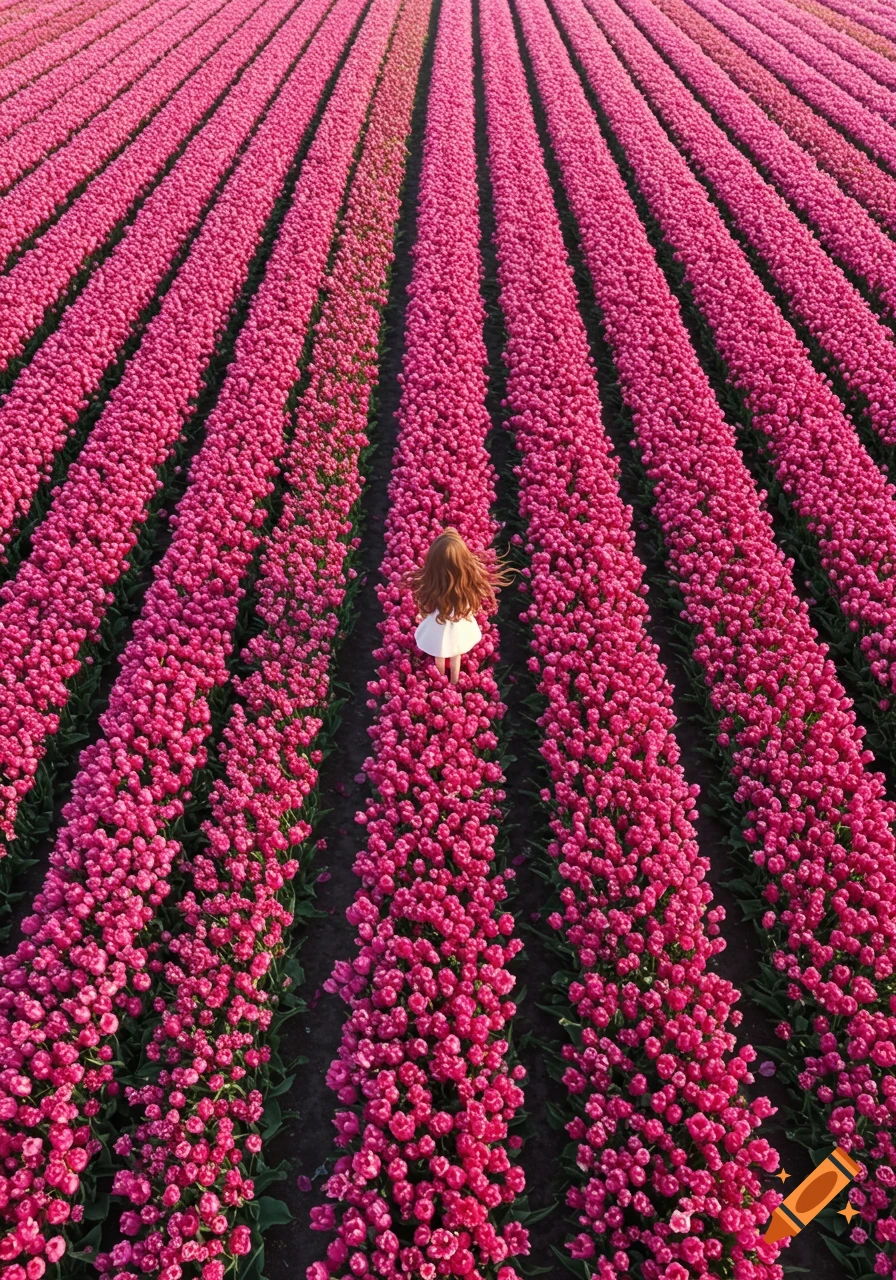 Aerial view of a girl with long hair walking through rows of vibrant pink tulips in an animated style.