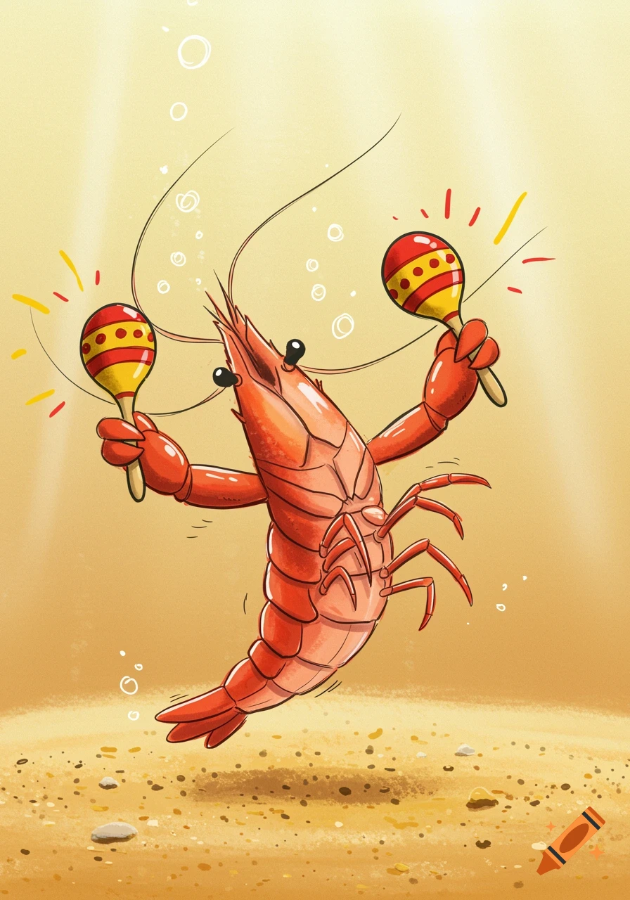 Cartoon shrimp dancing underwater while holding a red and yellow maraca in each claw.