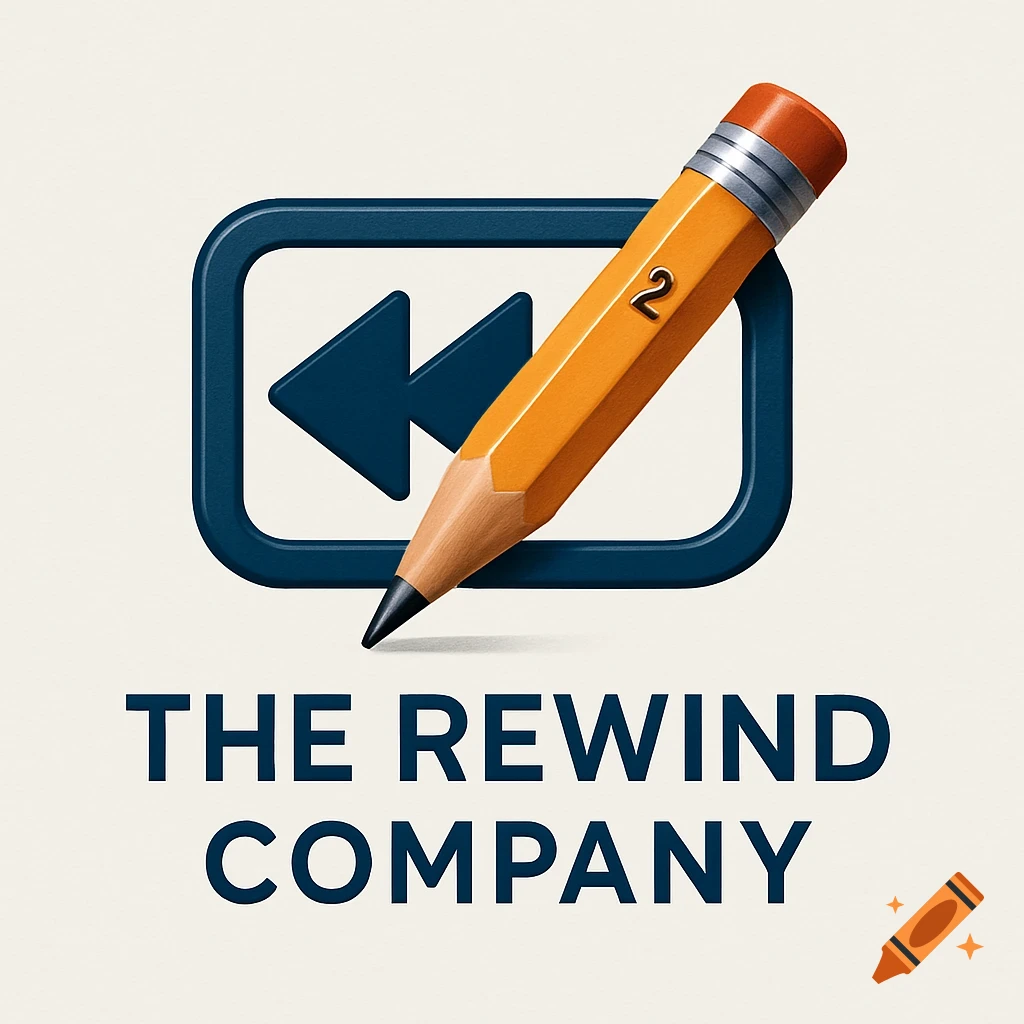A modern logo with a dark blue rewind symbol, an orange #2 pencil, and the text 'THE REWIND COMPANY' on a light background.