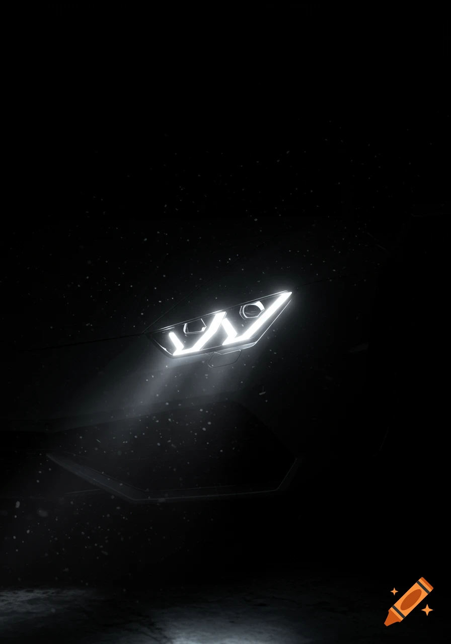 Bright headlights of a Lamborghini Huracan shine in a dark, minimalist setting with subtle light particles.