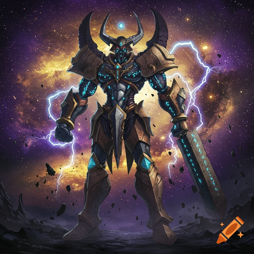 An armored, horned, warrior-like creature with glowing blue energy and ancient runes stands in a cosmic landscape with lightning and floating debris, holding a large sword.