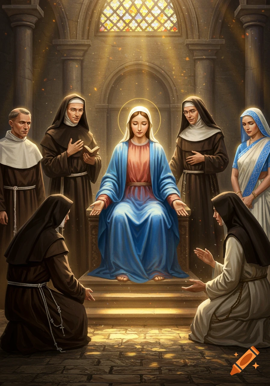 Mother Mary sits on a throne, surrounded by monks and nuns in a sunlit church interior.