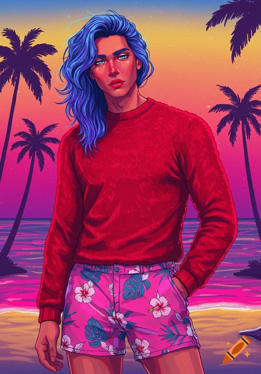 An illustrated man with blue hair and blue eyes, wearing a red sweater and pink Hawaiian shorts, standing on a beach at sunset.