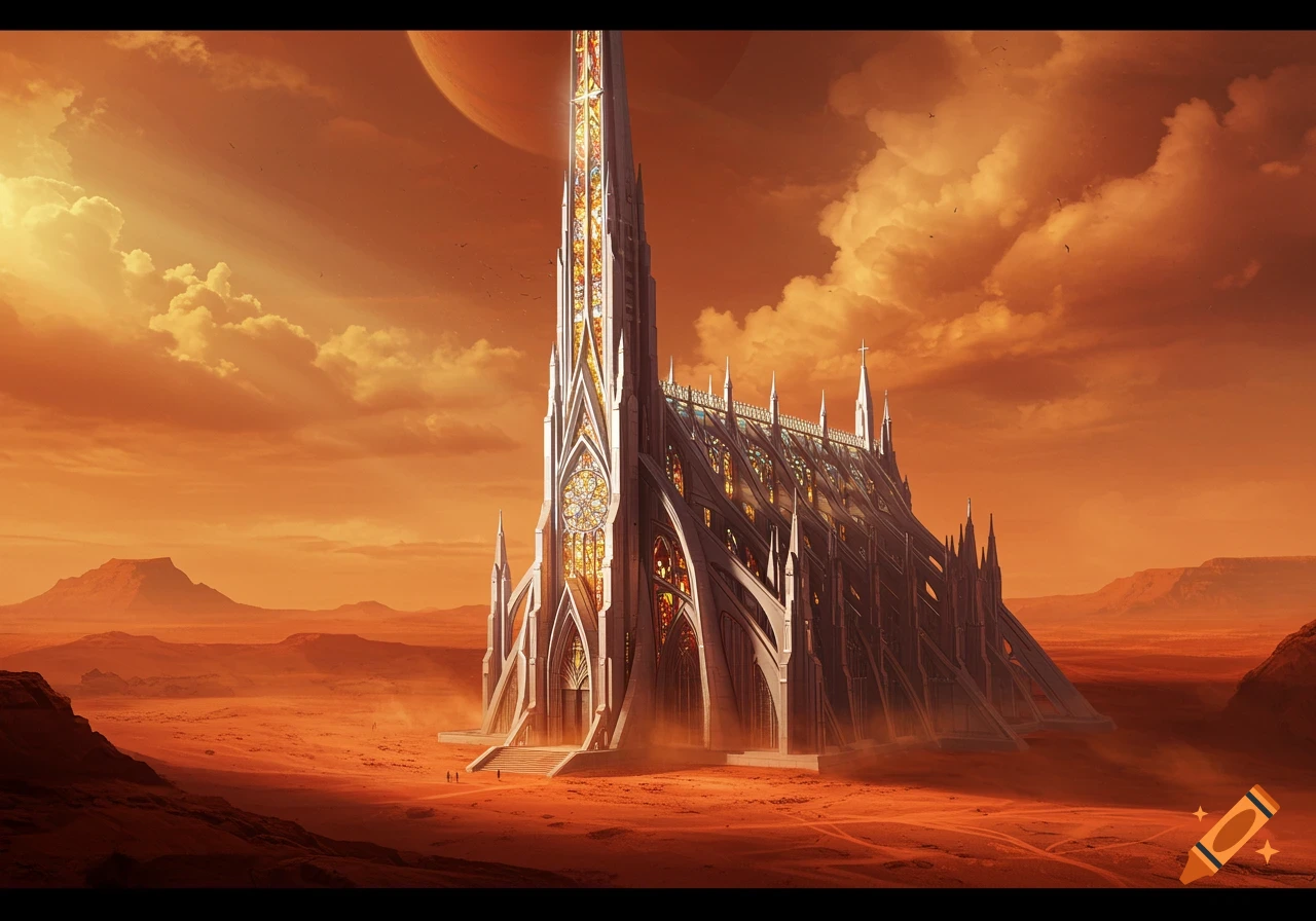A grand futuristic cathedral with stained glass windows on a red Martian landscape under an orange sky with a large planet visible.