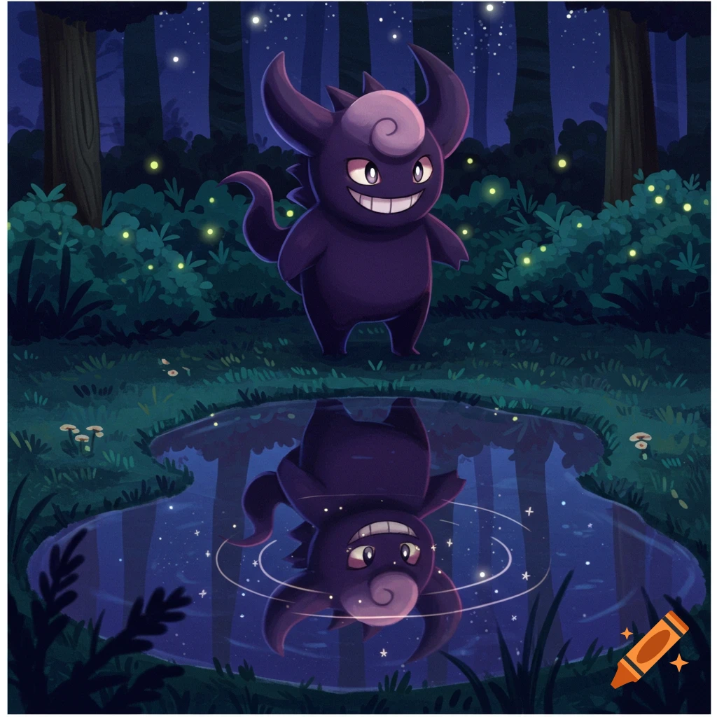 A purple Gengar-like creature stares at its Clefable-like reflection in a forest puddle at night.