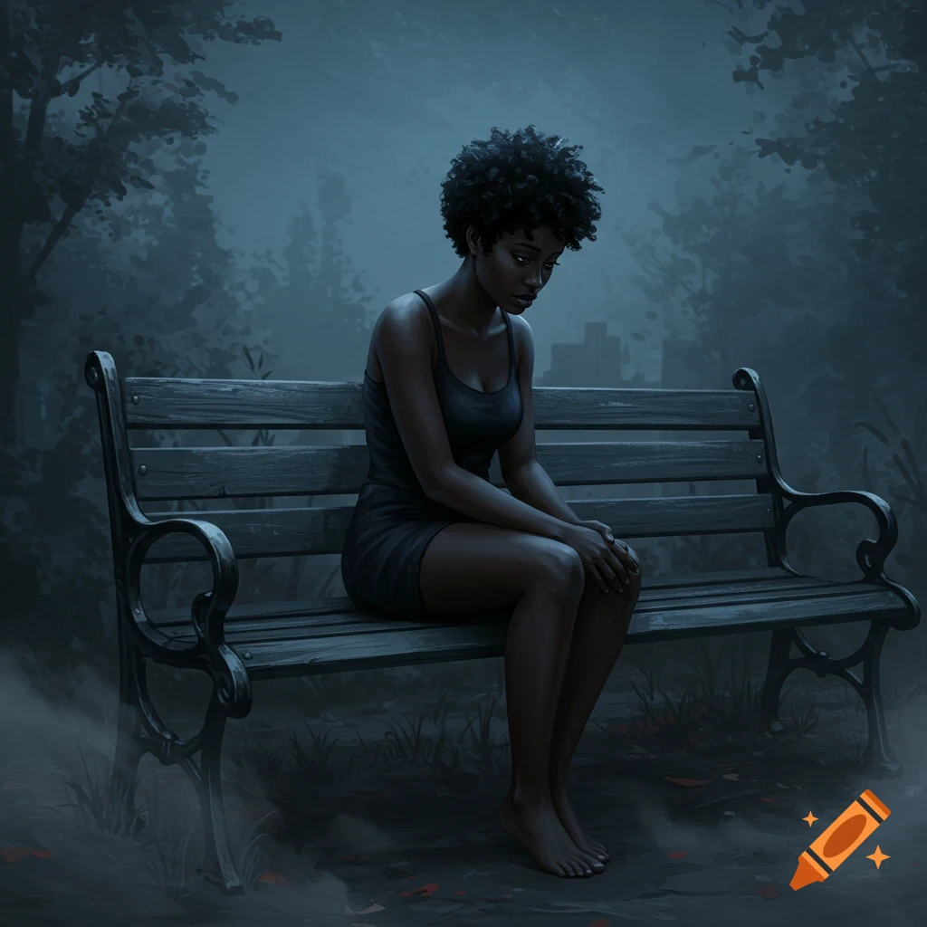 A melancholic digital painting of a Black woman with short natural hair, sitting barefoot on a wooden bench in a dimly lit, misty park at night.