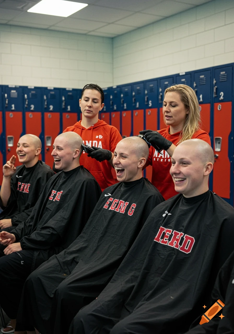 A group of women in a locker room with some getting their heads shaved bald by two others, all laughing.