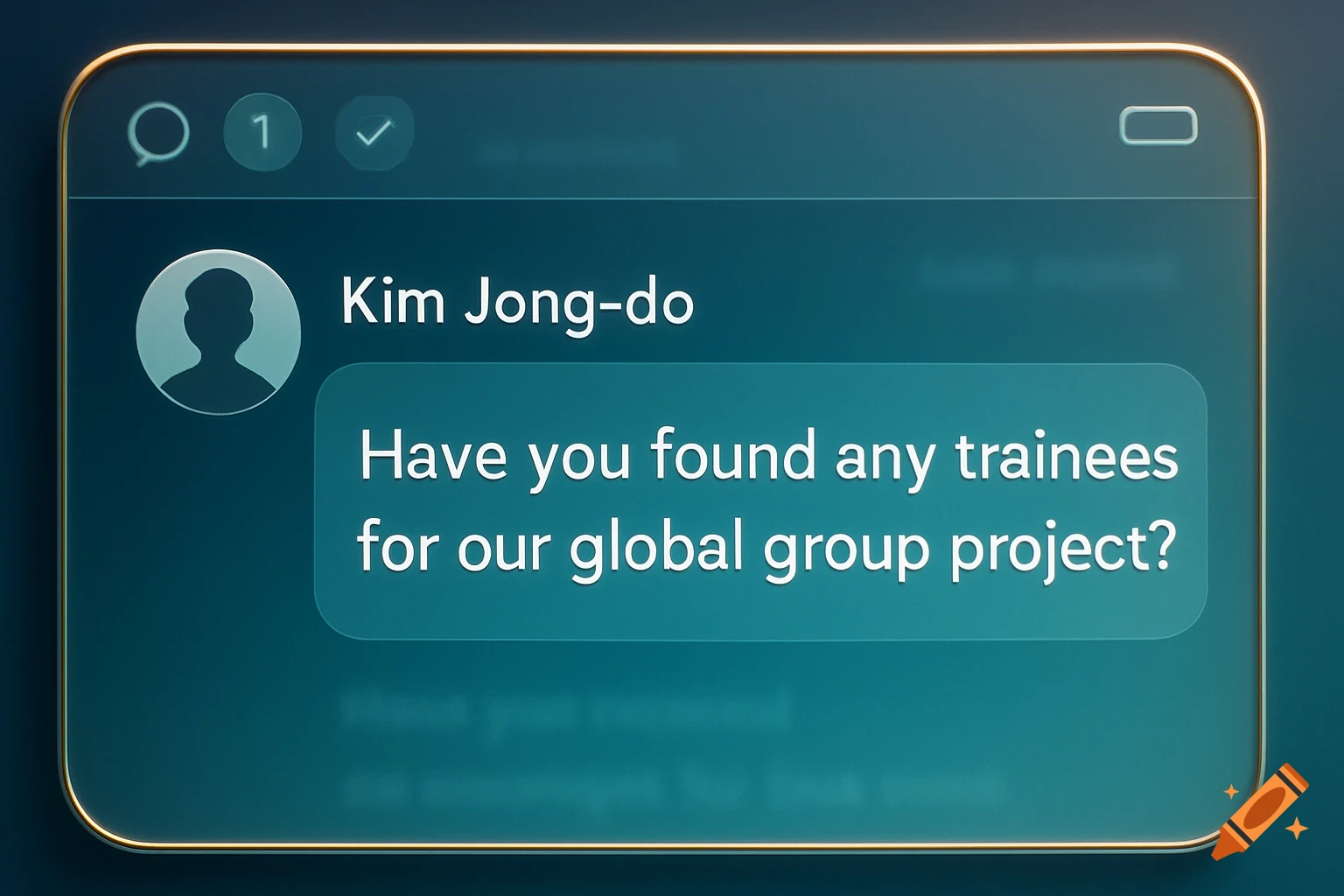 A close-up of a digital message screen with a golden border. A message from "Kim Jong-do" reads, "Have you found any trainees for our global group project?"