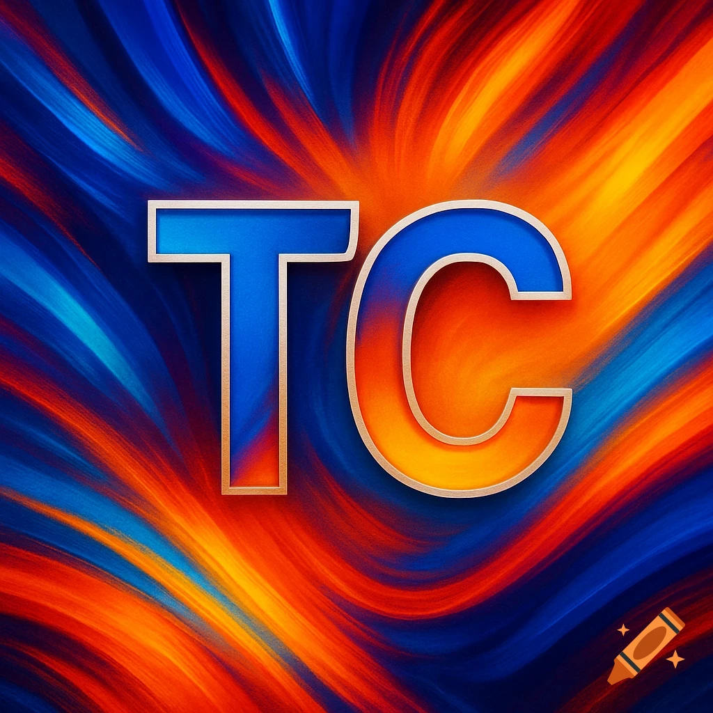 Blue and orange letters 'TC' with gold borders on a swirling abstract background of blue and orange.
